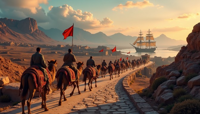 Karavaan reist naar de zeehaven.