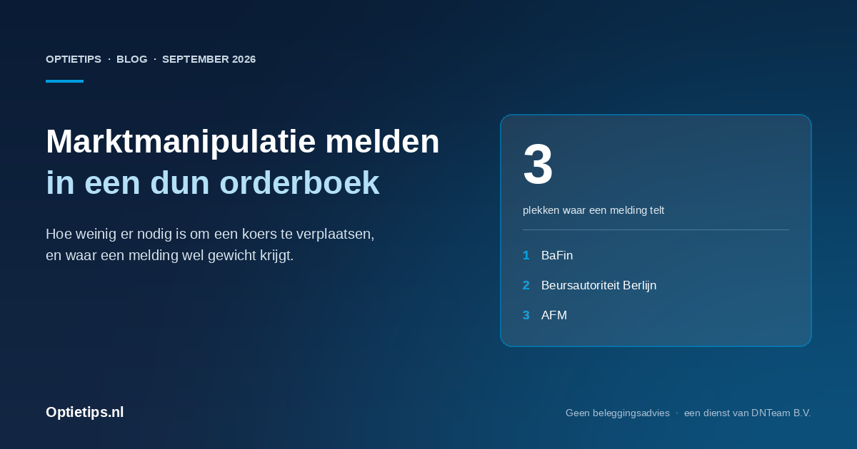 Donkerblauwe blogafbeelding van Optietips over het melden van marktmanipulatie, met de drie instanties waar een melding terechtkan