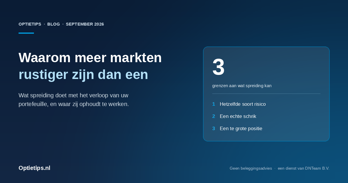 Donkerblauwe blogafbeelding van Optietips over spreiding over meerdere markten, met drie grenzen aan wat spreiding kan