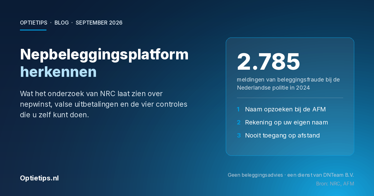 Blogafbeelding Optietips over een nepbeleggingsplatform herkennen, met 2.785 meldingen van beleggingsfraude bij de politie in 2024